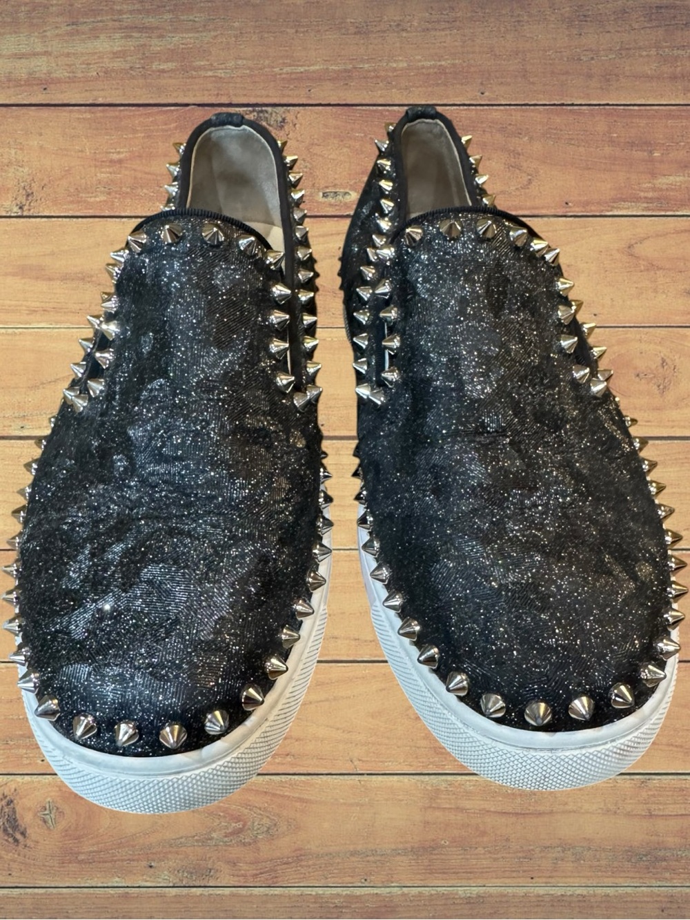 Christian Louboutin Authentic Pik Boat Spiked Black Glitter Slip On Sneakers - Picture 5 of 16